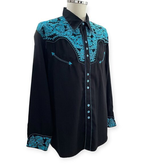 Scully Western Cowboy Shirt Black Turquoise Embroidered Rodeo Festival Country L - Picture 7 of 15